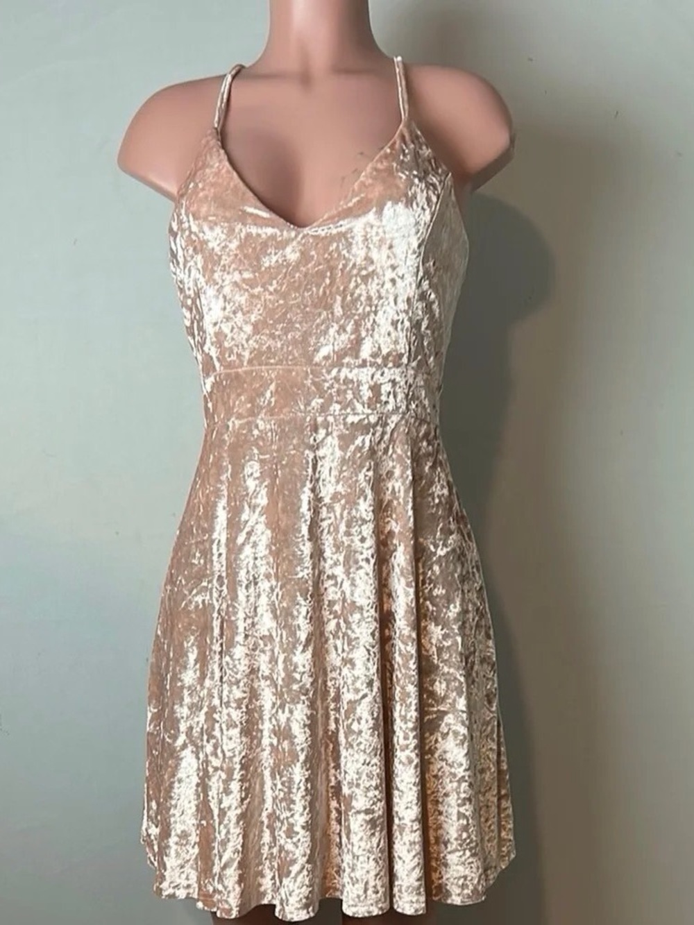 Velvet Spaghetti-Strap Mini Dress in Champagne Taupe